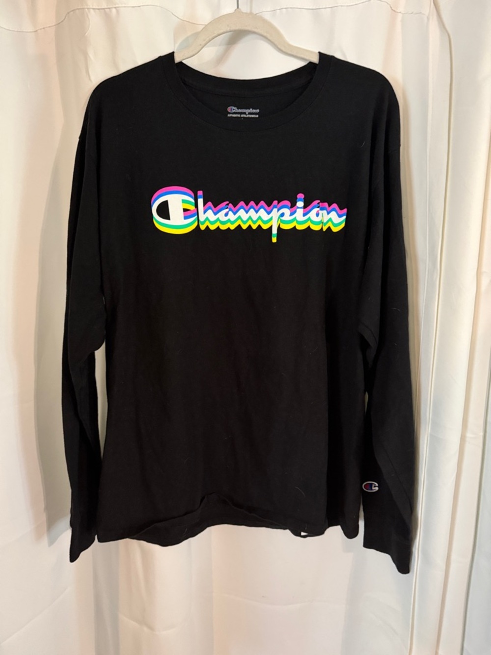 Champion Black Long Sleeve Shirt with Neon Rainbow Script size Large